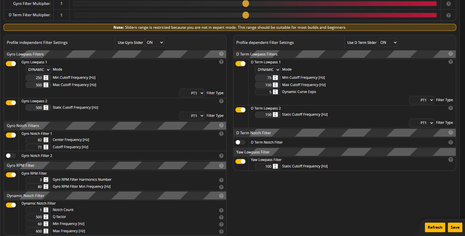 Nastavení v záložce PID Tuning v sekci Filter Settings. / Settings in the PID Tuning tab under Filter Settings.