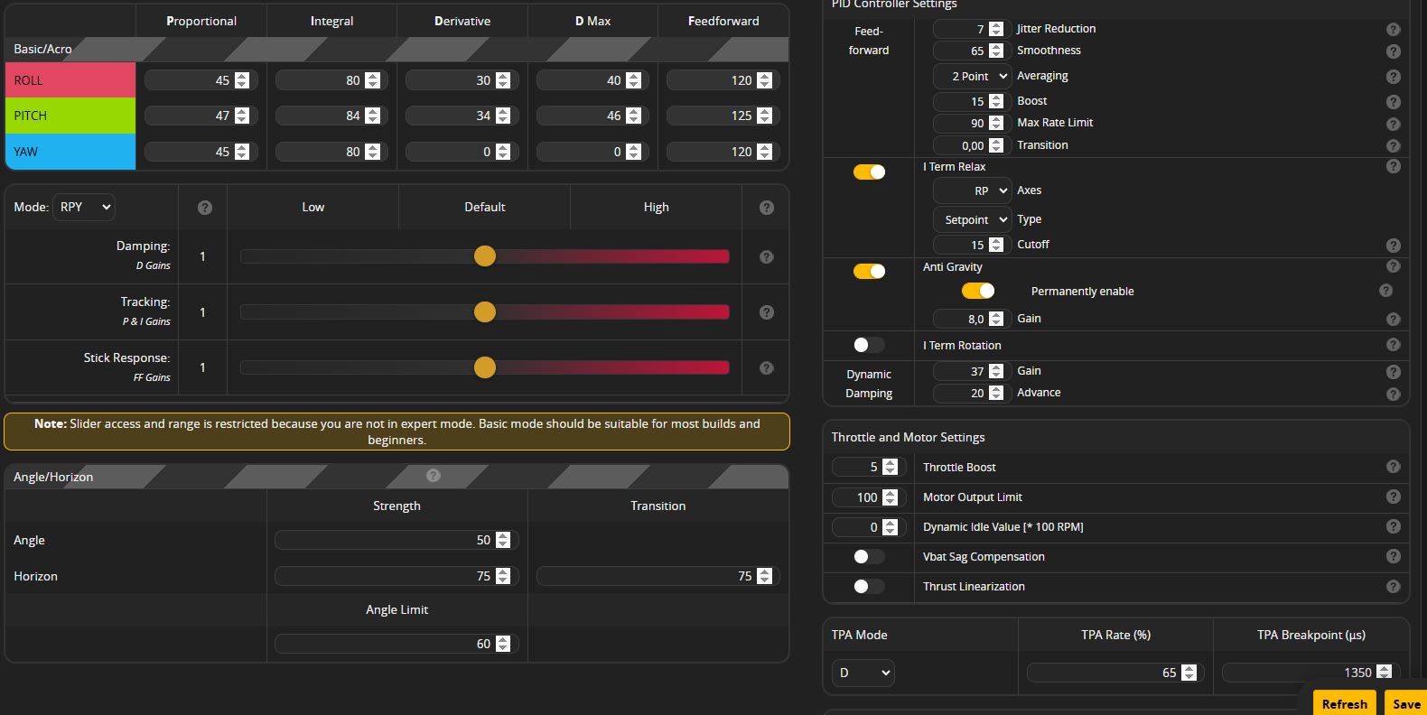 Nastavení v záložce PID Tuning v sekci PID Profile Settiings. / Settings in the PID Tuning tab under PID Profile Settings.