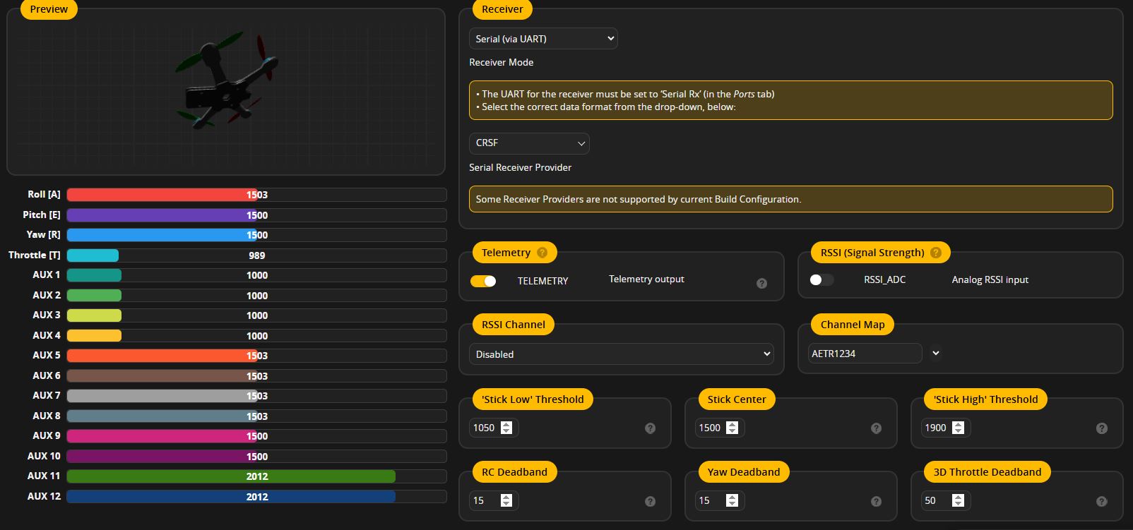 Nastavení v záložce Receiver. / Settings in the Receiver tab.