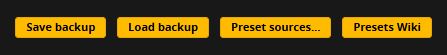 Tlačítka Save a Load backup v sekci Presets. / Save and Load backup buttons in the Presets section.