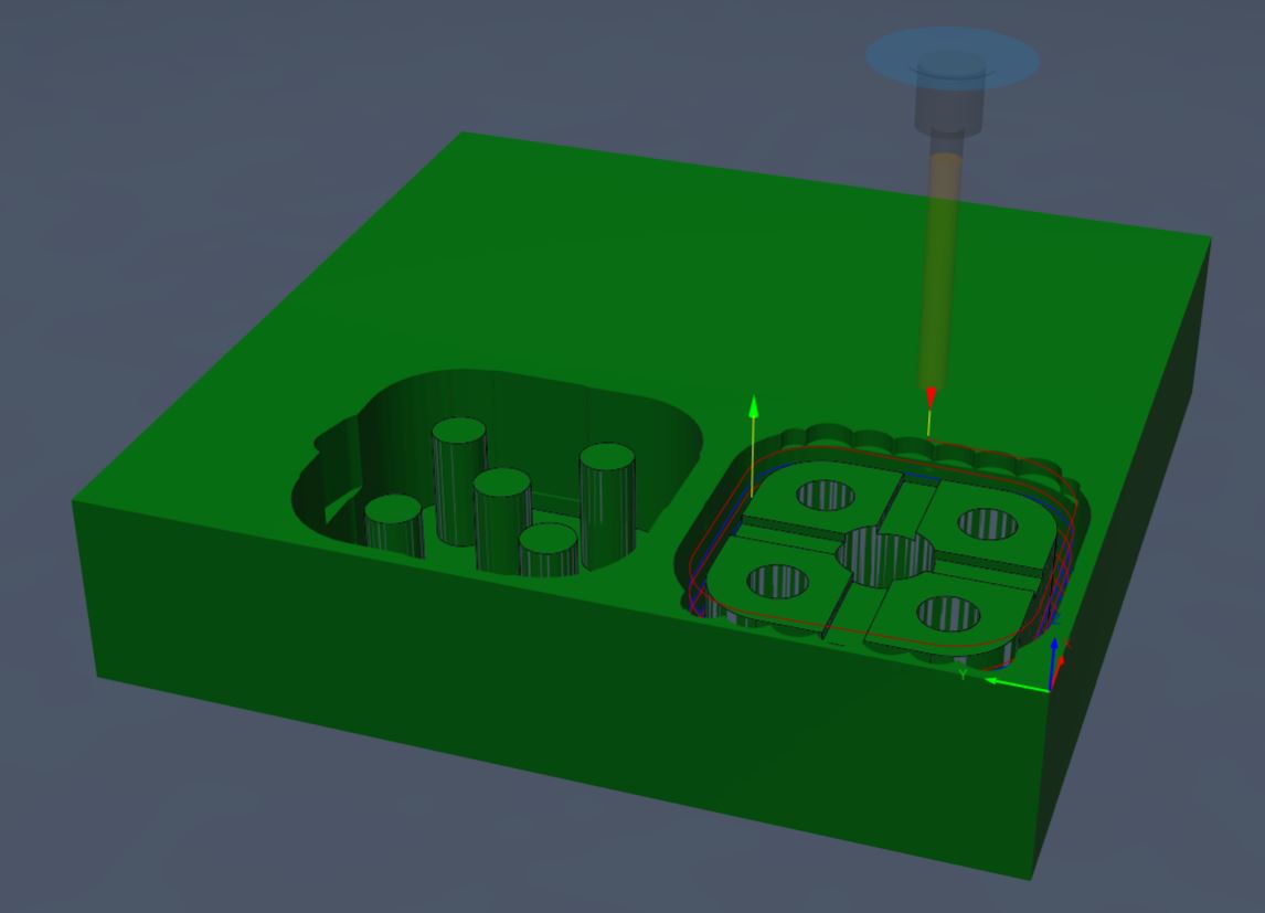 Deska materiálu po simulaci operací 2D ContourH a 2D ContourS.