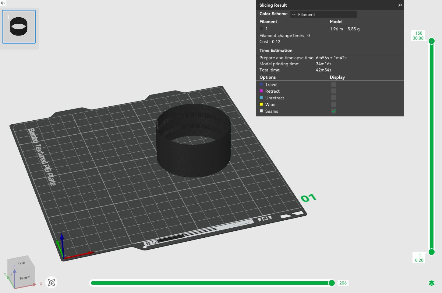 Model řemene v BambuStudiu připravený k tisku.